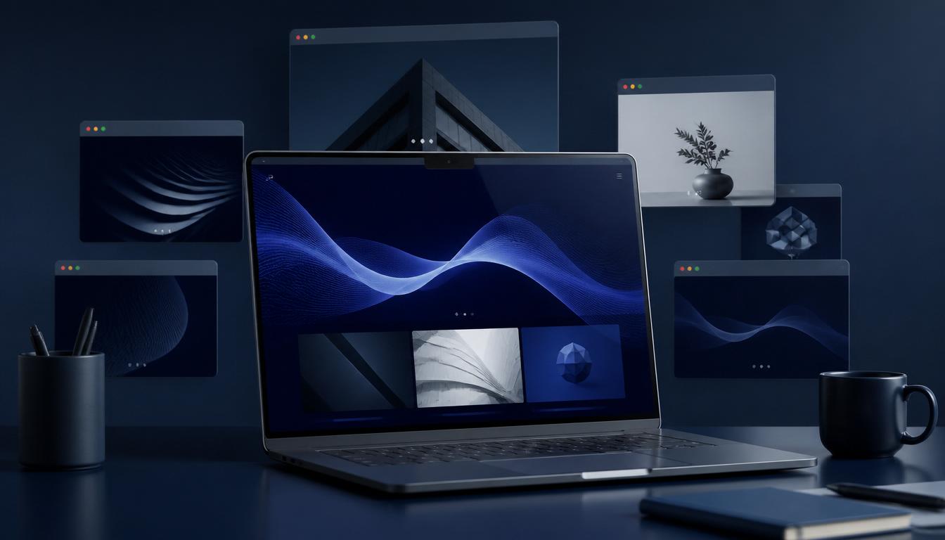 Modern website design workspace with browser windows and clean interfaces